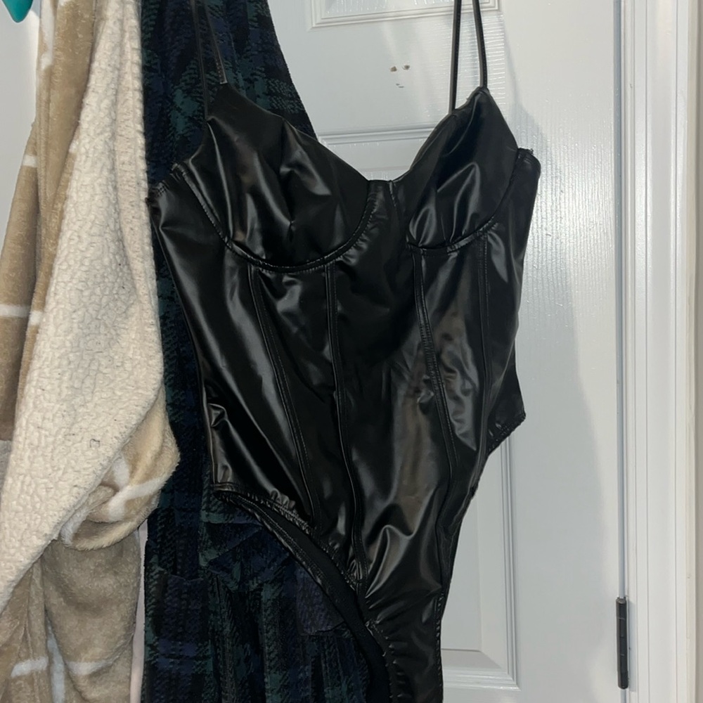 Black faux leather bodysuit